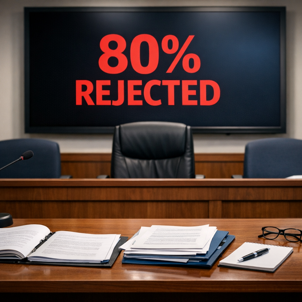 UK parking tribunal hearing room with 80% rejection rate displayed on screen
