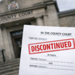 UK county court building with a legal document stamped DISCONTINUED in the foreground