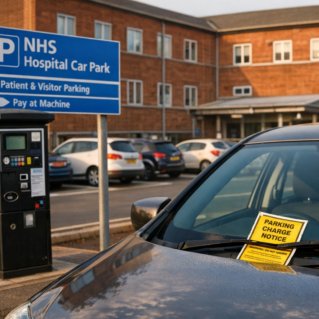 UK hospital car park with NHS signage and parking charge notice on windscreen
