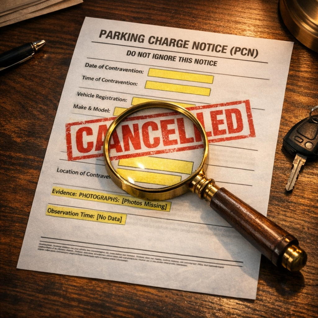 Parking charge notice with highlighted evidence gaps and red CANCELLED stamp under magnifying glass