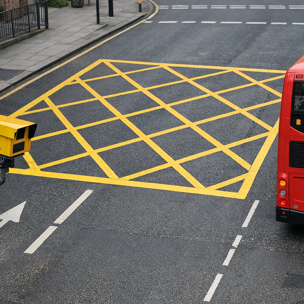 UK yellow box junction from above with traffic enforcement camera on a pole