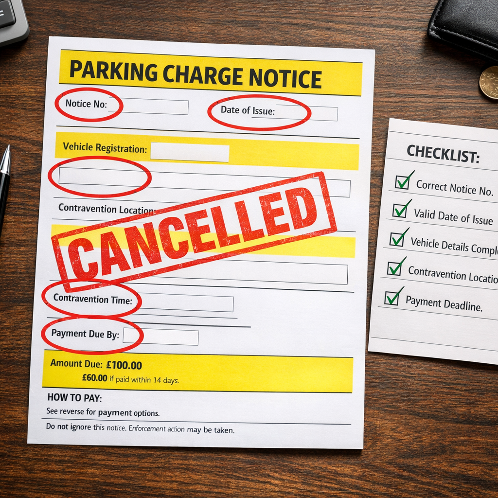 Parking charge notice with 5 defects circled in red and a cancelled stamp across the document