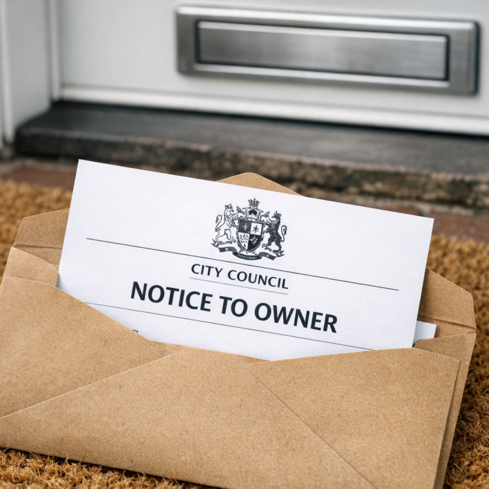 Formal Notice to Owner council letter on a doormat partially out of its envelope