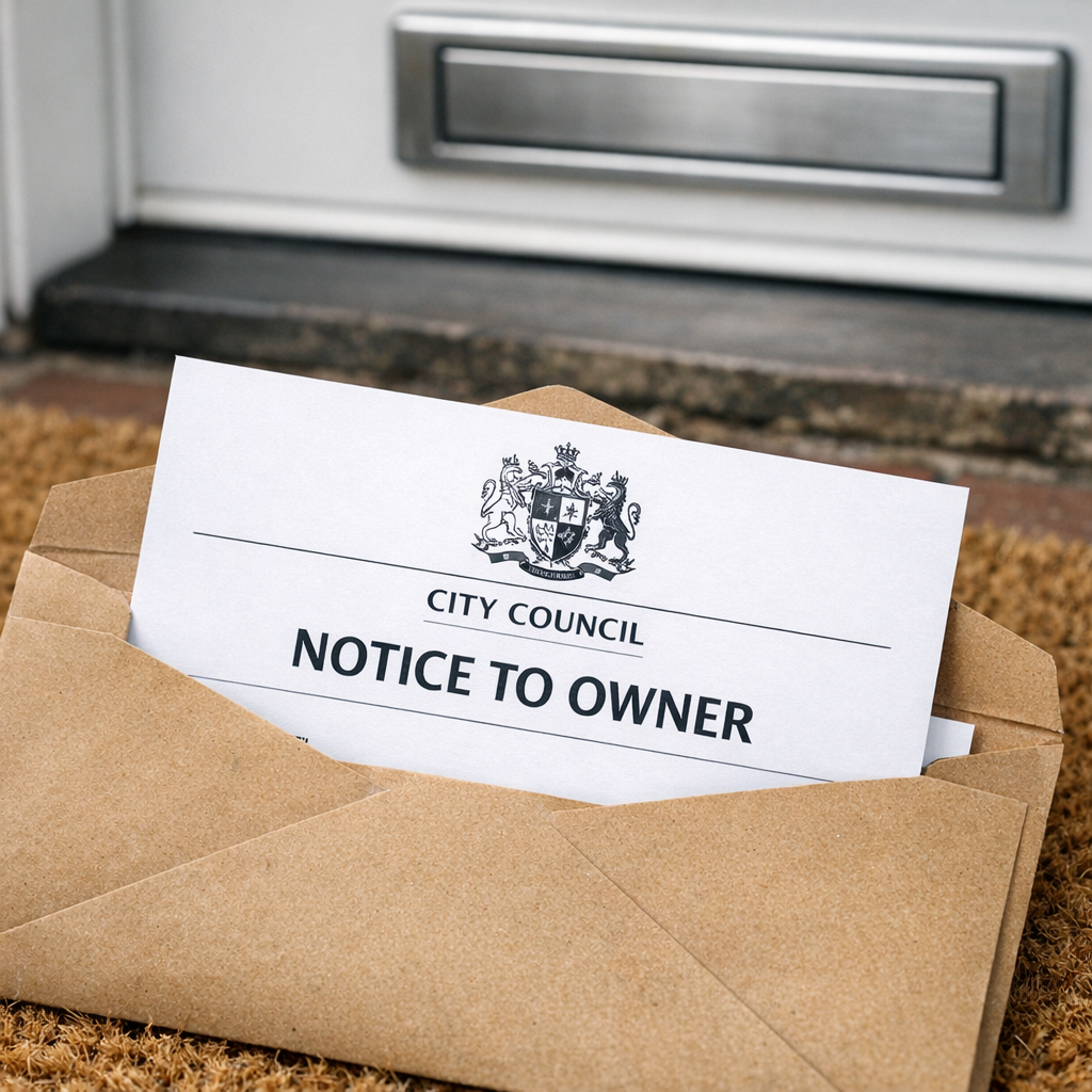 Formal Notice to Owner council letter on a doormat partially out of its envelope