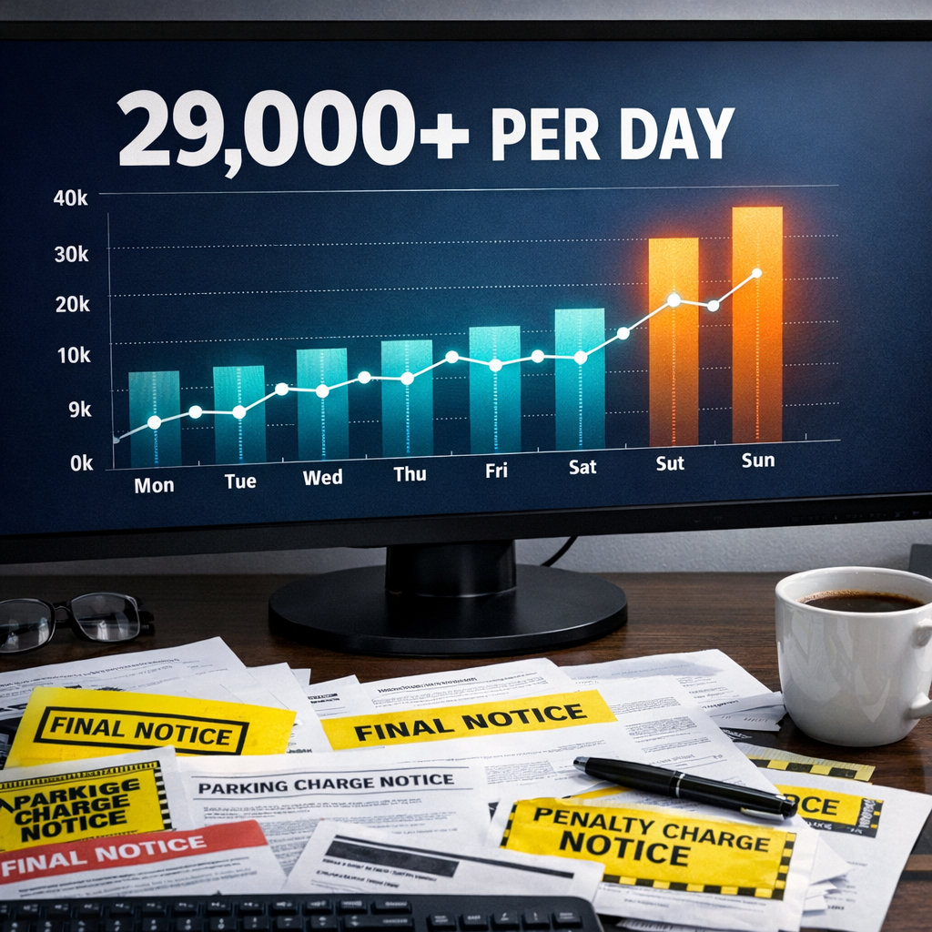 Data visualization showing over 29000 parking tickets issued per day in the UK displayed on a monitor screen