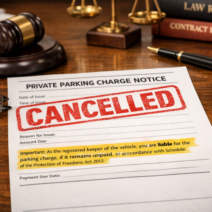UKPC parking charge notice with red CANCELLED stamp and highlighted keeper liability text on solicitor desk