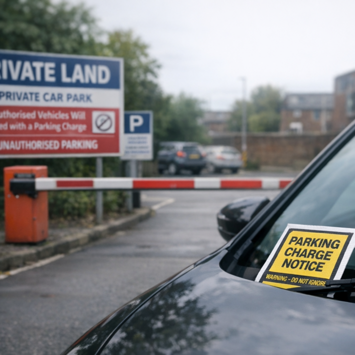Private car park entrance with barrier and Private Land signage, parking charge notice on windscreen