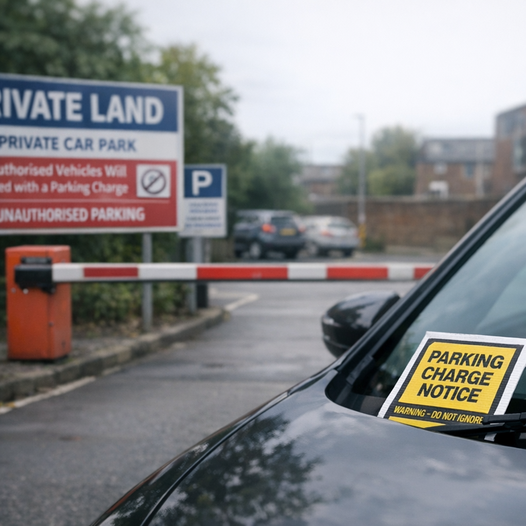 Private car park entrance with barrier and Private Land signage, parking charge notice on windscreen