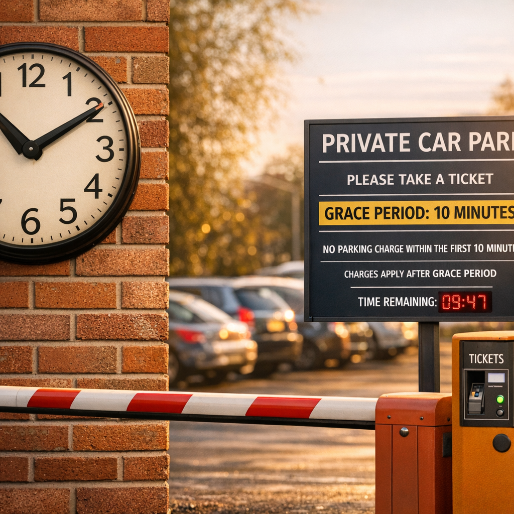Car park entrance with clock showing grace period timing and parking signage