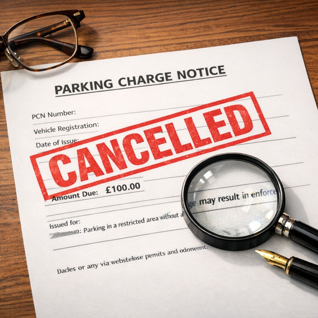 Parking charge notice with red CANCELLED stamp and magnifying glass highlighting defects