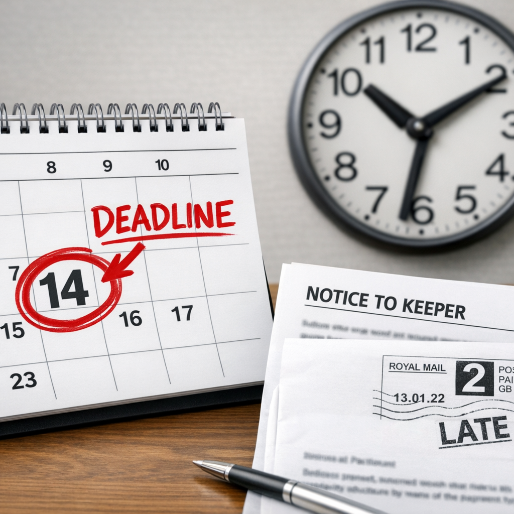 Calendar with day 14 circled in red showing the POFA 2012 Notice to Keeper deadline with a late-arriving letter