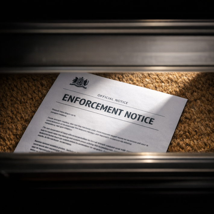 Enforcement notice letter on a doormat viewed through a letterbox slot