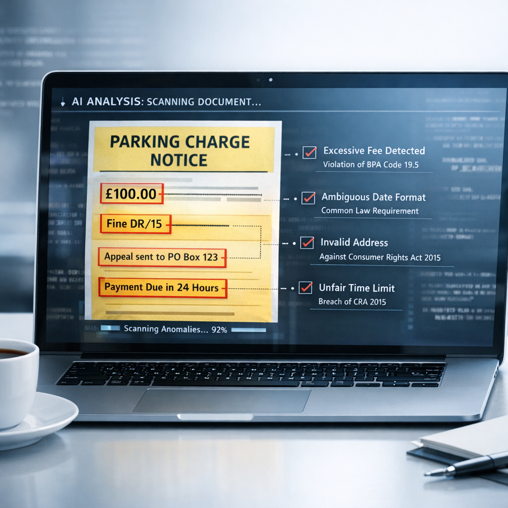 Laptop screen showing AI analysis of parking charge notice with highlighted defects and legal references