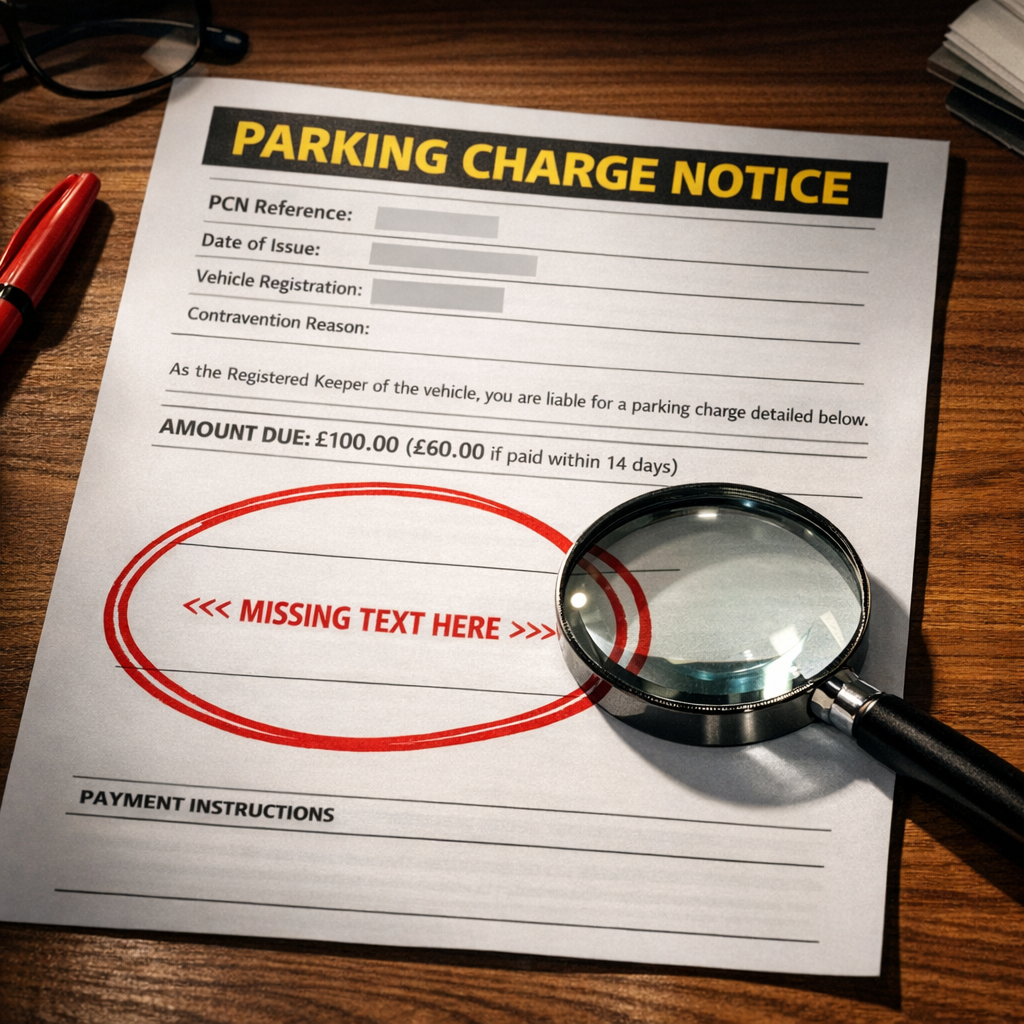 Parking charge notice with highlighted gap where POFA declaration should be, circled with red pen