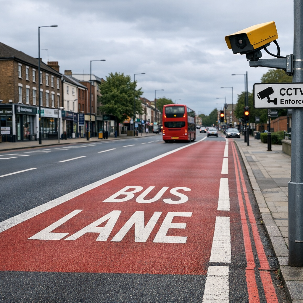 UK bus lane with red road markings and enforcement camera on pole