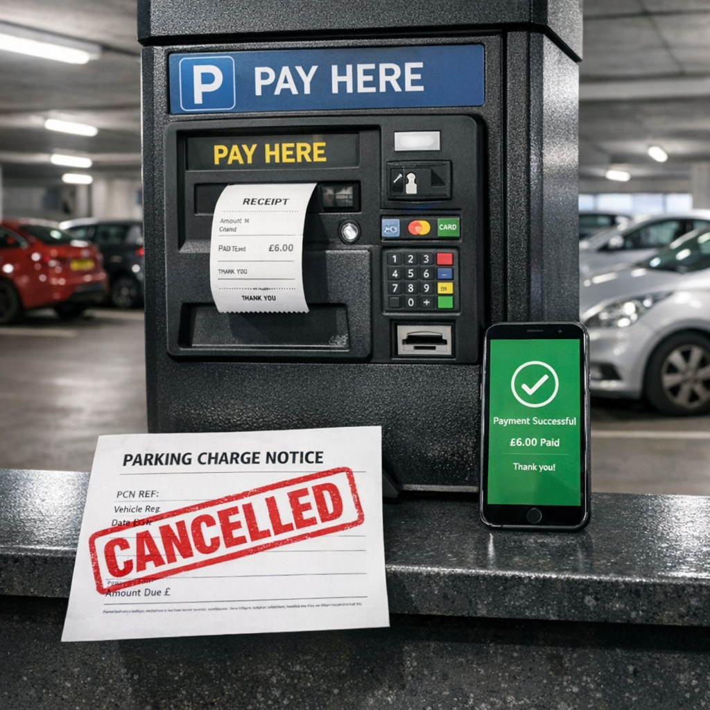 NCP car park payment machine with receipt and phone showing payment confirmation next to a cancelled parking charge notice
