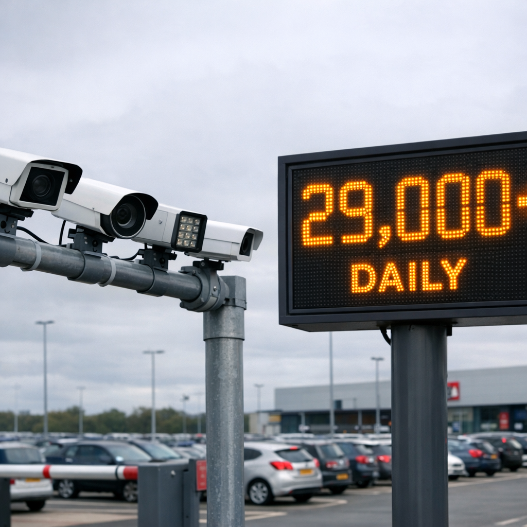 Row of ANPR parking cameras at a UK car park with digital counter display showing 29000+ daily