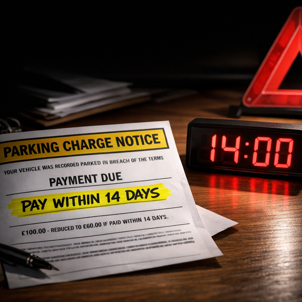 Parking charge notice with highlighted 14-day payment deadline next to countdown timer and warning triangle