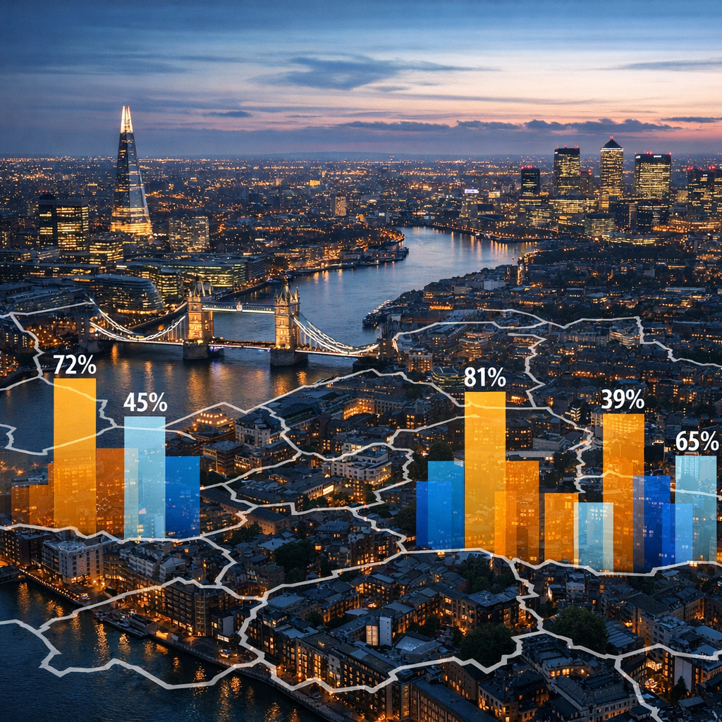 Aerial view of London cityscape with borough boundaries and tribunal success rate data overlay