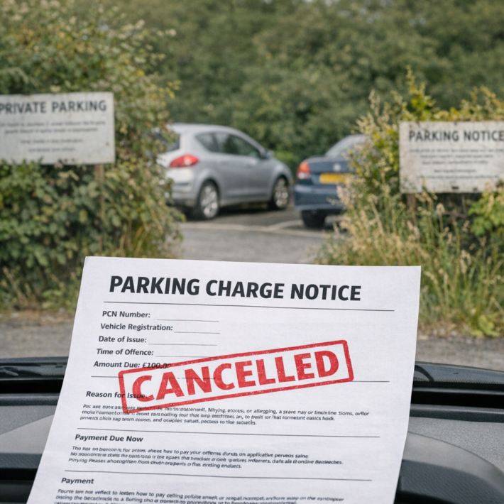 Private car park with obscured parking signs behind overgrown bushes and cancelled parking notice