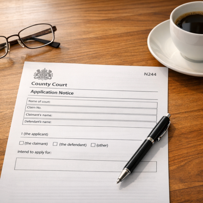 County court form N244 on a wooden desk with pen, reading glasses and coffee cup