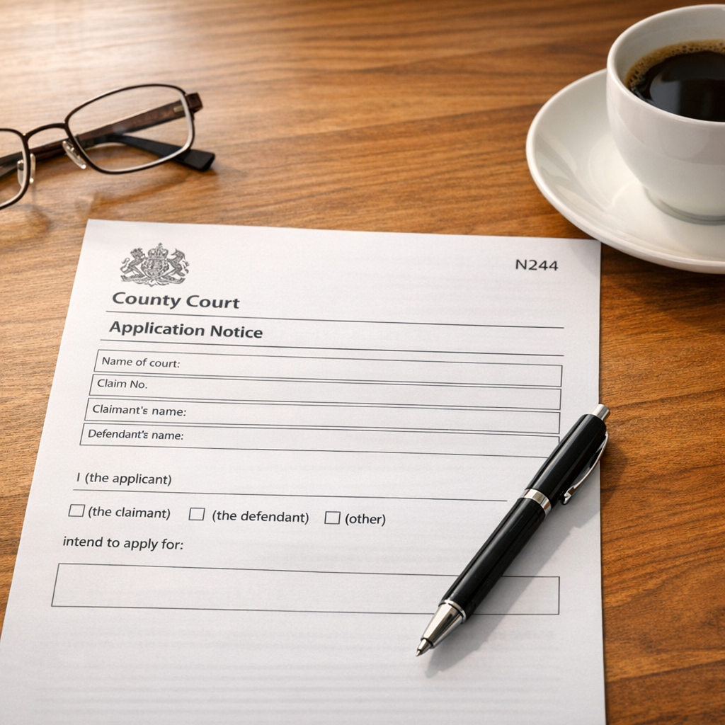 County court form N244 on a wooden desk with pen, reading glasses and coffee cup