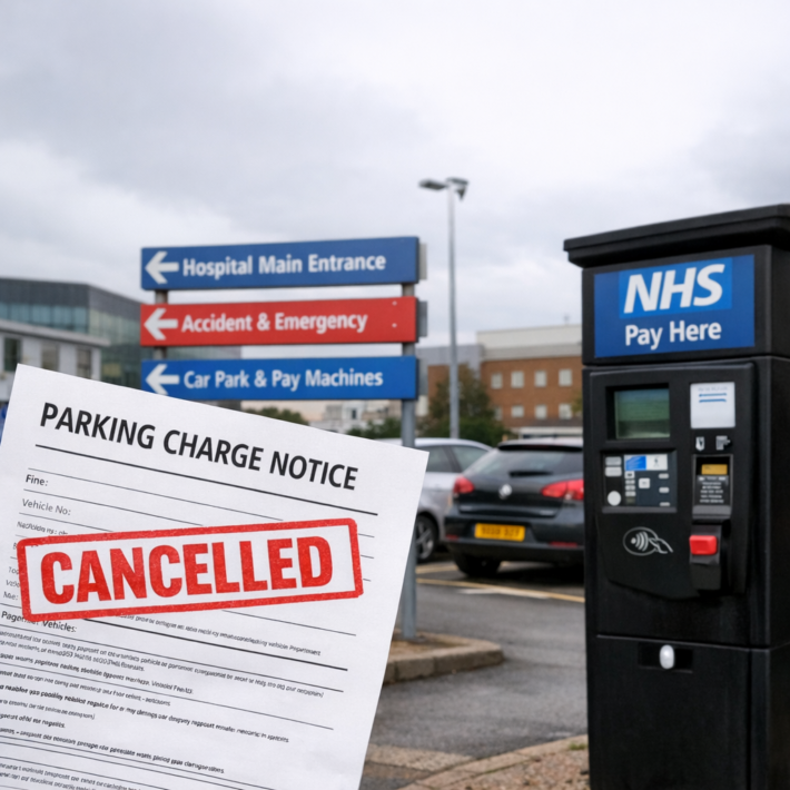 Hospital car park with NHS signs and a parking charge notice stamped cancelled due to late Notice to Keeper