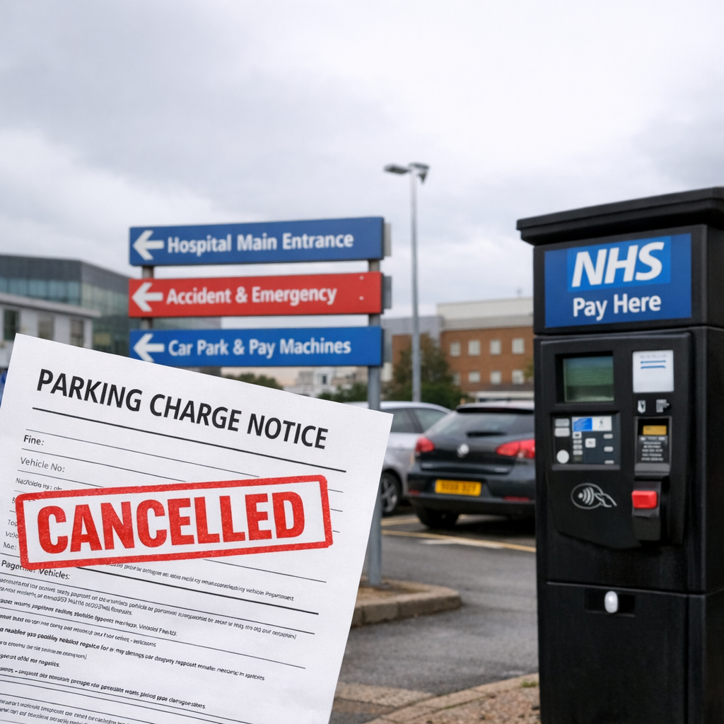 Hospital car park with NHS signs and a parking charge notice stamped cancelled due to late Notice to Keeper