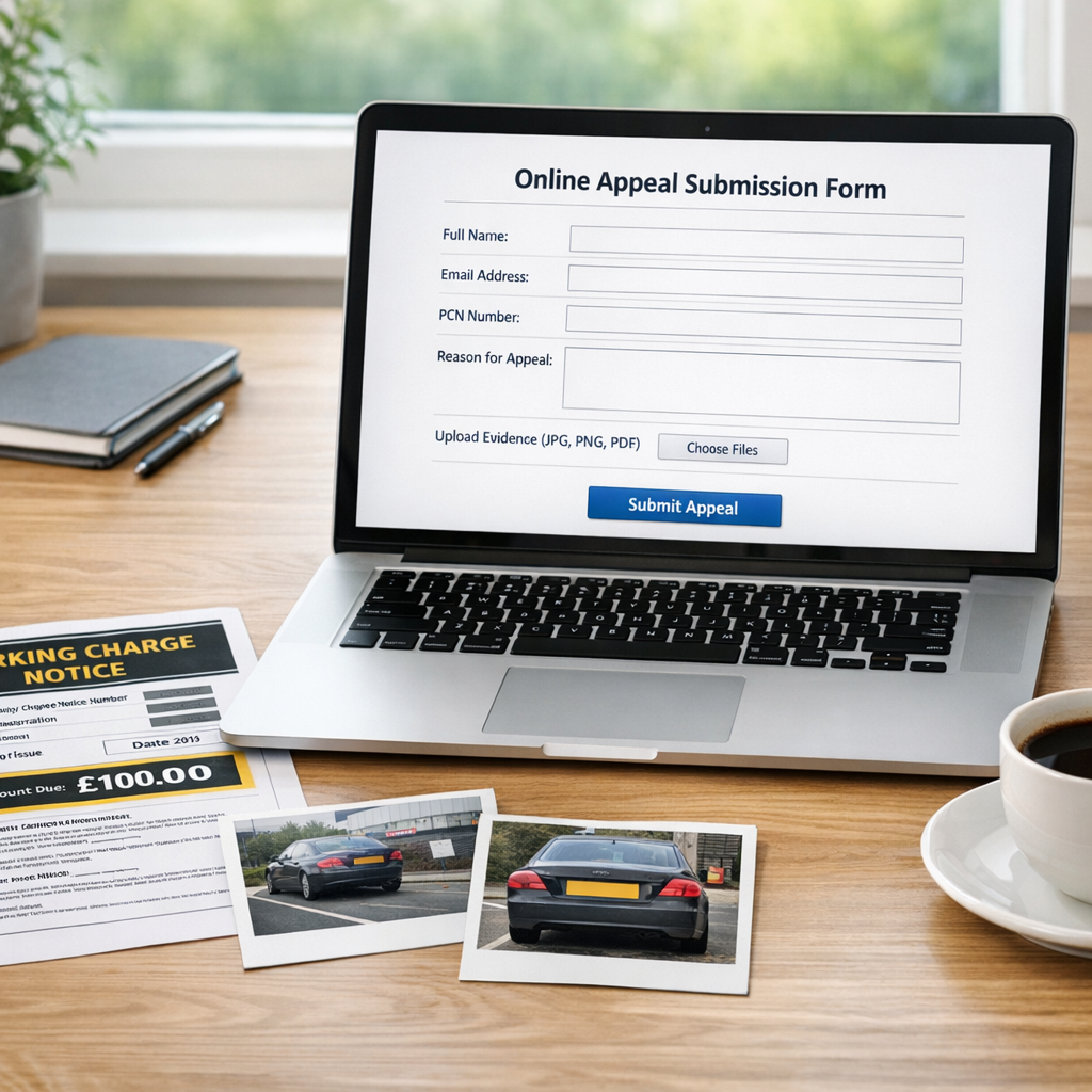 Laptop showing online POPLA appeal form with parking charge notice and evidence photos beside it