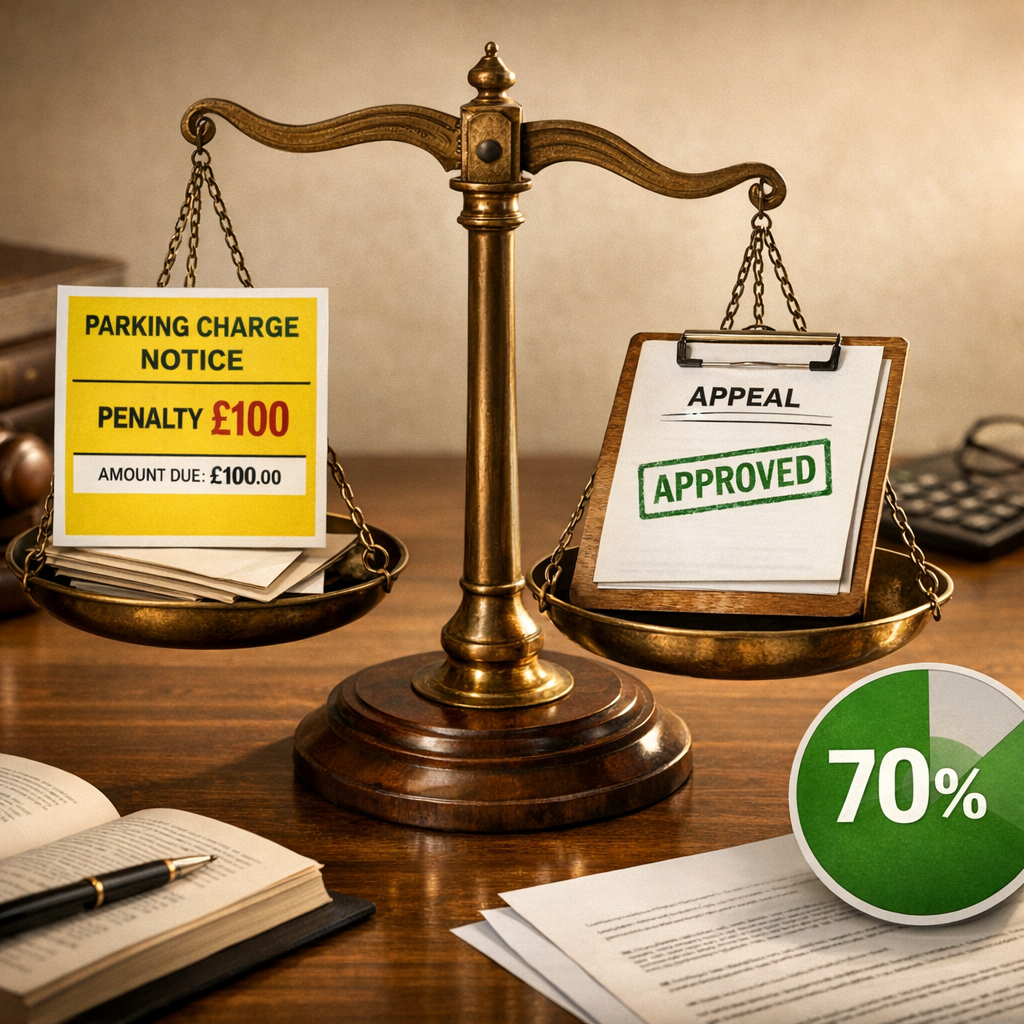 Scales of justice with parking charge notice showing the value of appealing