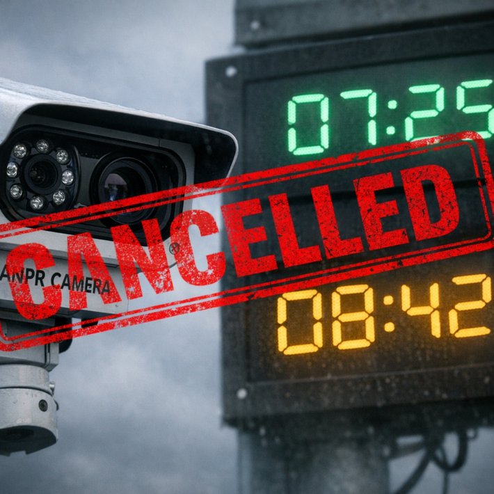 ANPR camera close-up with digital clock showing mismatched times and red CANCELLED stamp