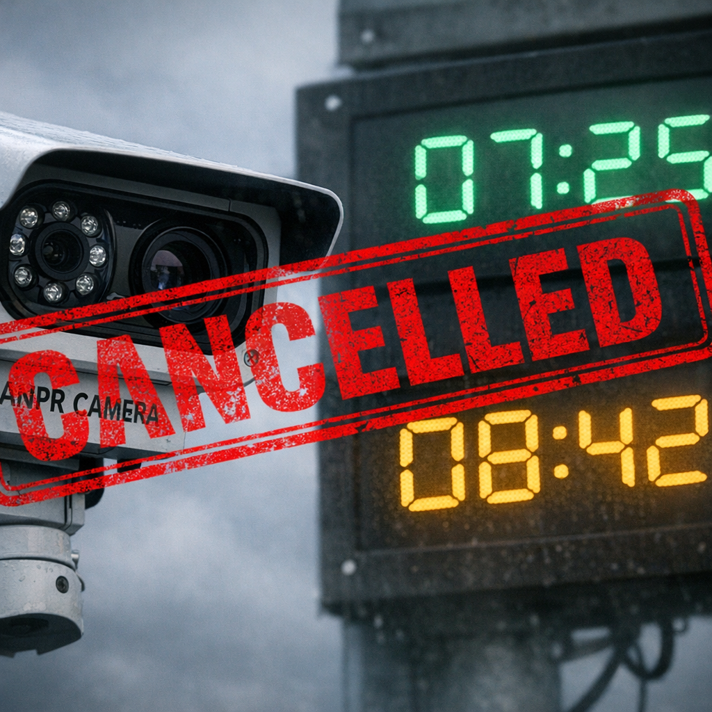 ANPR camera close-up with digital clock showing mismatched times and red CANCELLED stamp