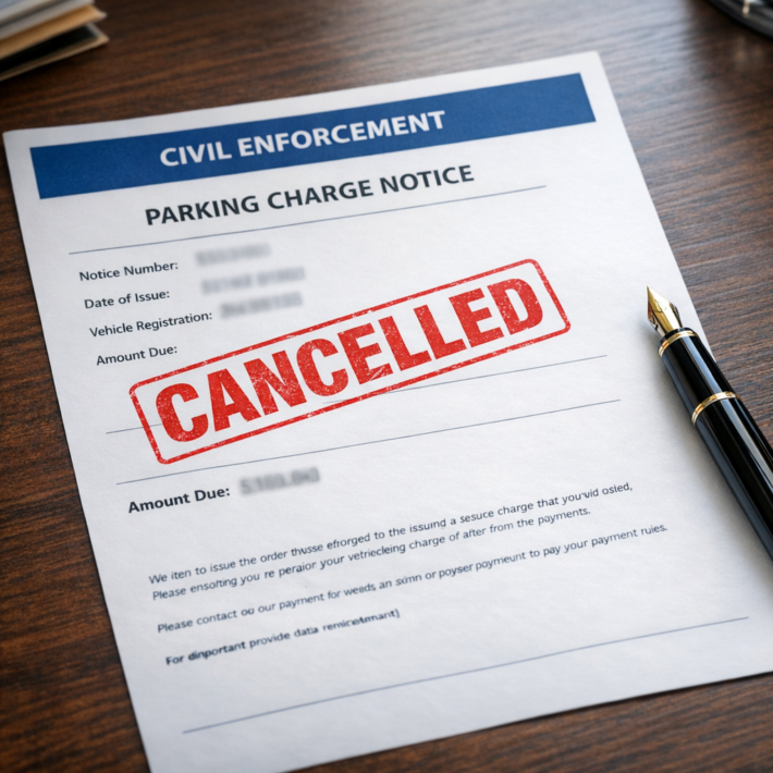 Civil Enforcement parking charge notice with bold red CANCELLED stamp on desk