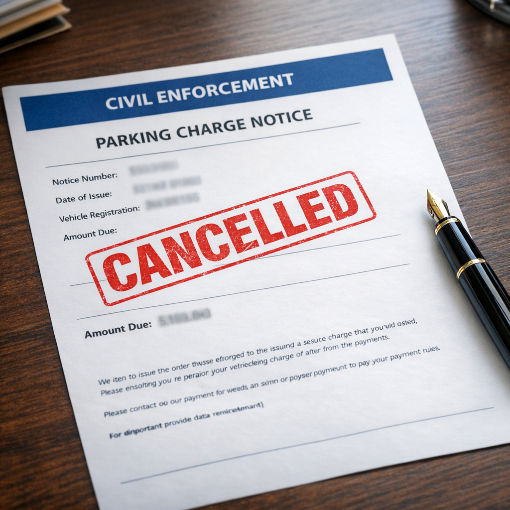 Civil Enforcement parking charge notice with bold red CANCELLED stamp on desk