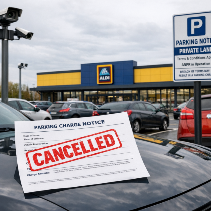 Aldi supermarket car park with ANPR cameras and a parking charge notice stamped cancelled due to ANPR error