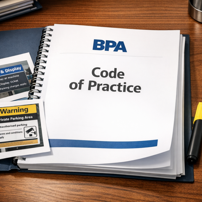 BPA Code of Practice document open on a desk with parking signage photos