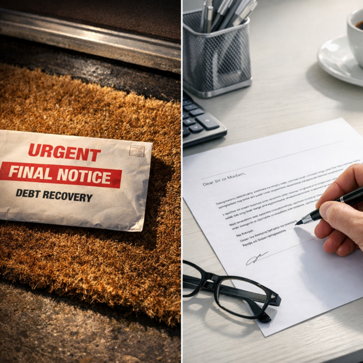 Threatening debt recovery letter on doormat contrasted with a calm professional response letter being drafted