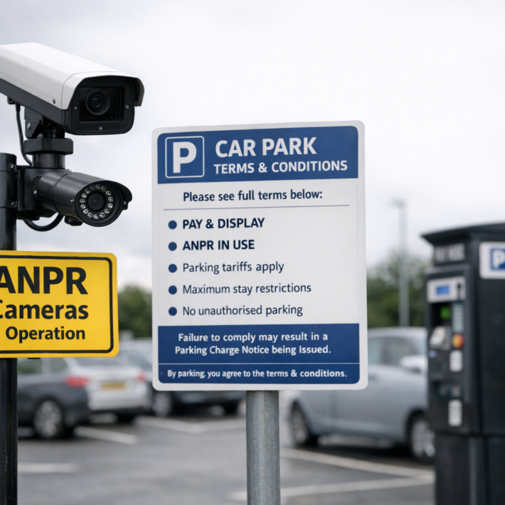 ANPR camera system in UK car park with parking signage and ticket machine