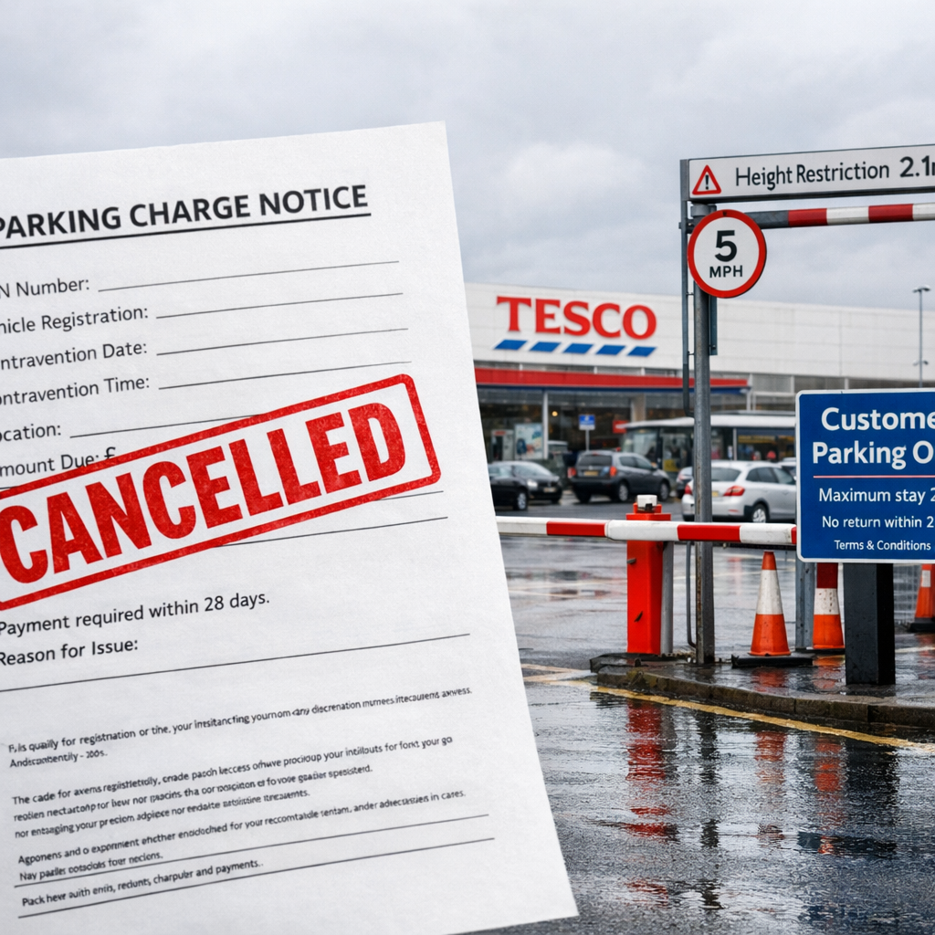 Tesco supermarket car park with parking signs and a Horizon parking charge notice stamped cancelled