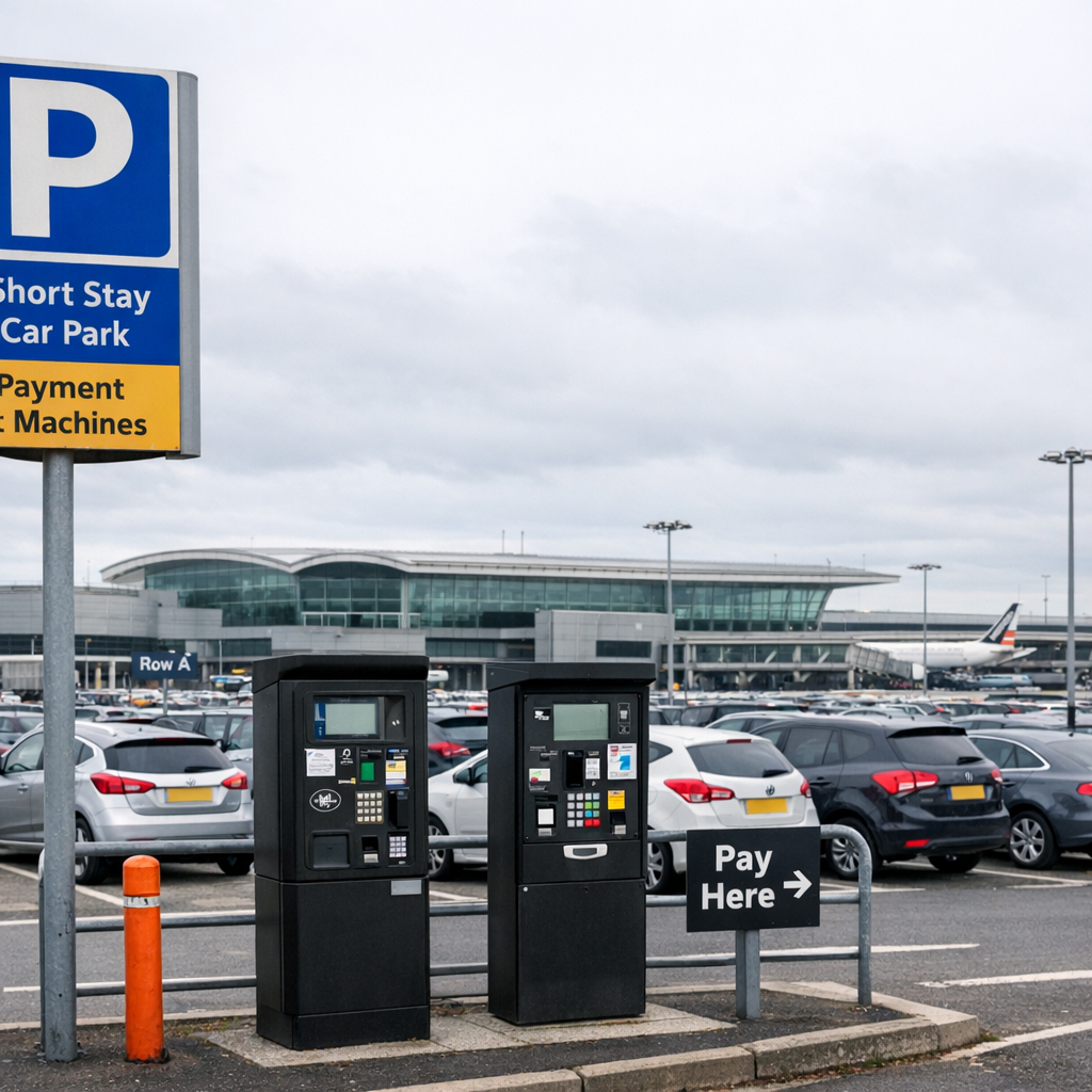 UK airport short-stay car park with terminal building in background and parking payment machines