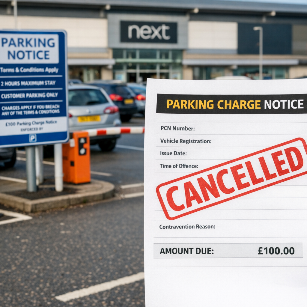 UK retail car park with parking charge notice showing red cancelled stamp