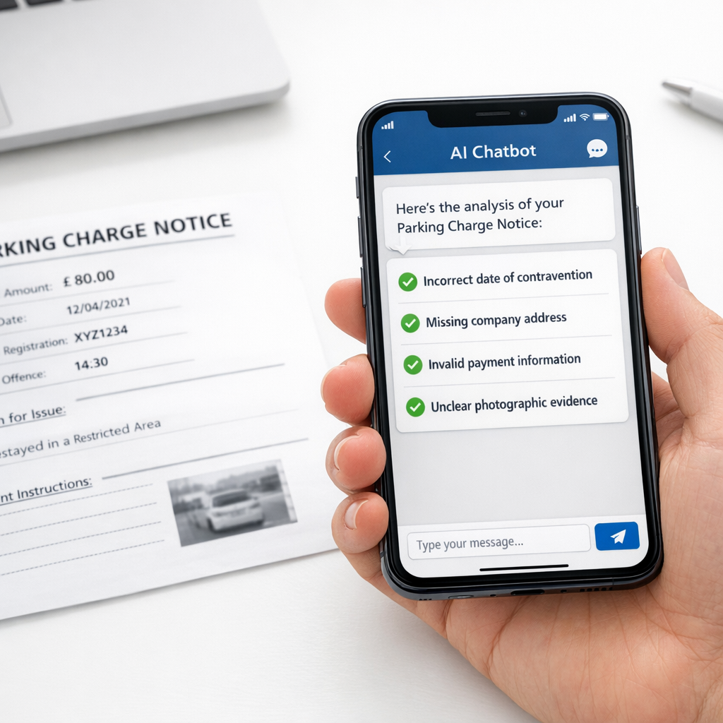 Smartphone showing AI chatbot interface analyzing a parking charge notice with green checkmarks for defects found