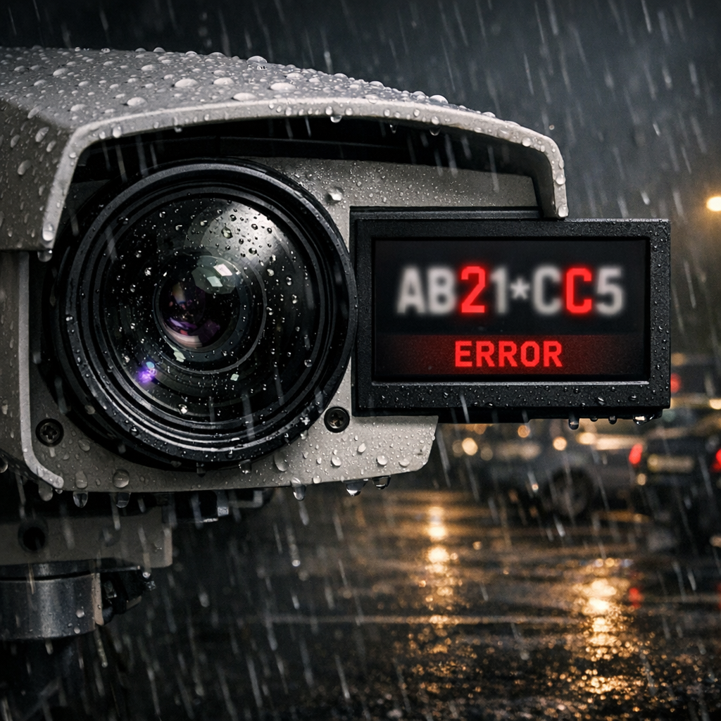 Close-up of ANPR camera with blurred misread number plate on display screen showing evidence errors