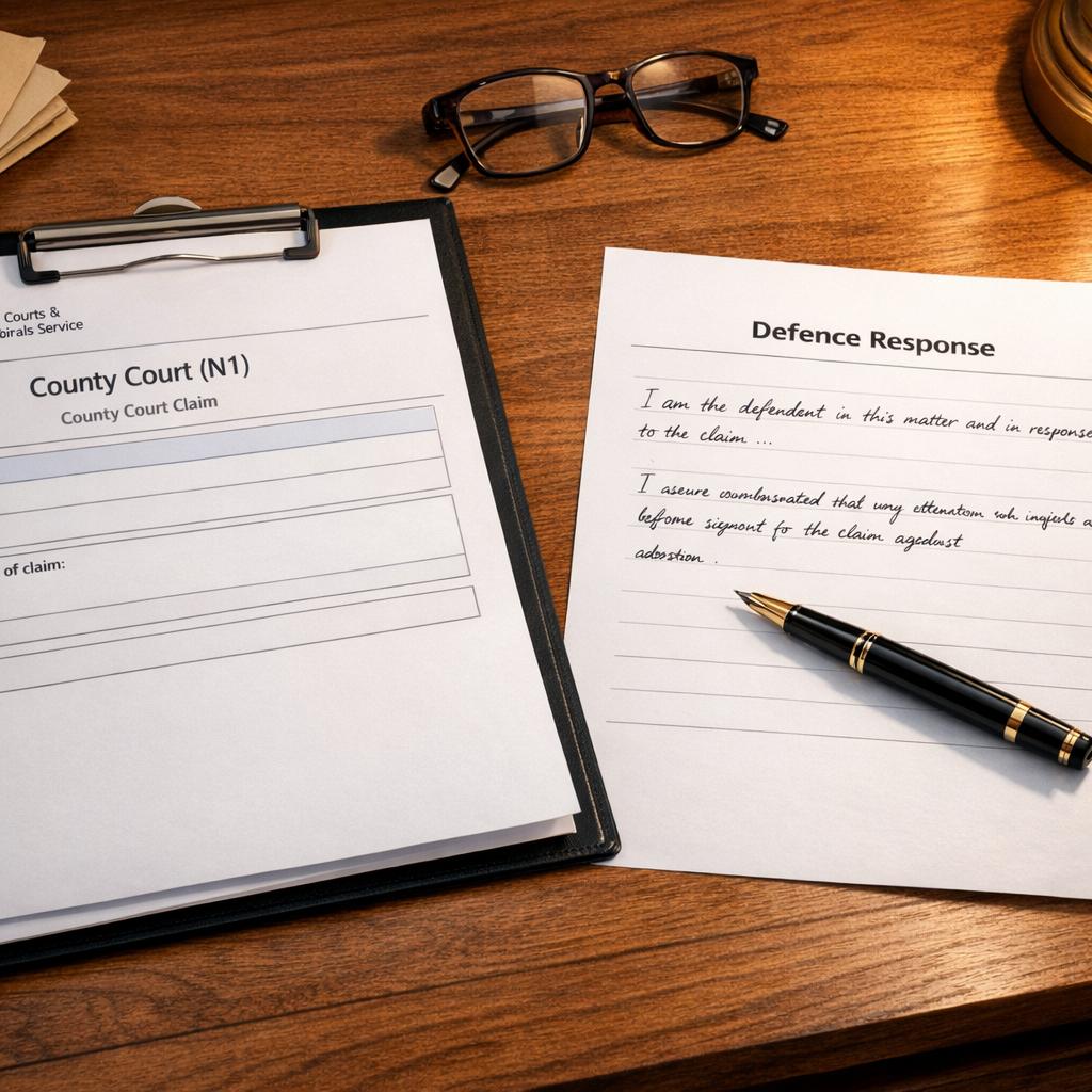 County court N1 claim form with defence document being written on solicitor desk