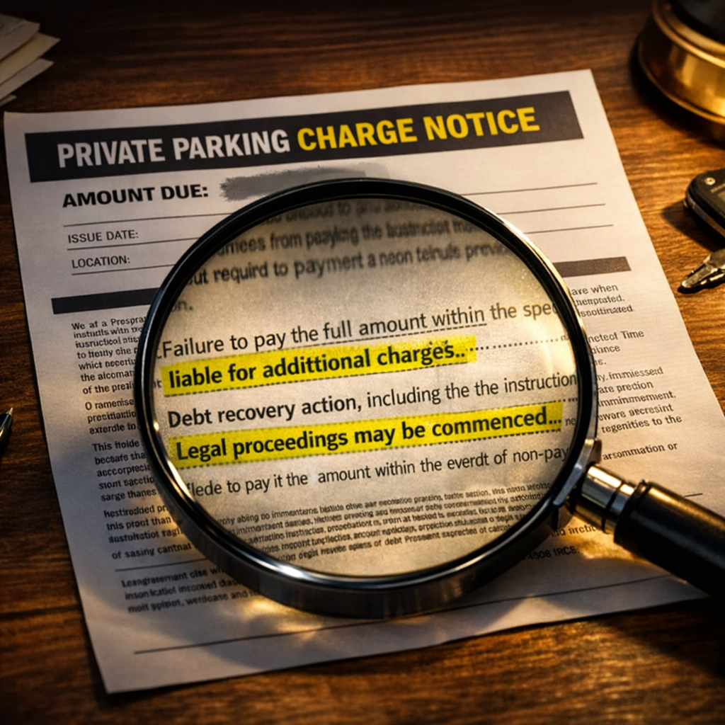 Magnifying glass revealing hidden legal loopholes in a private parking charge notice with highlighted sections