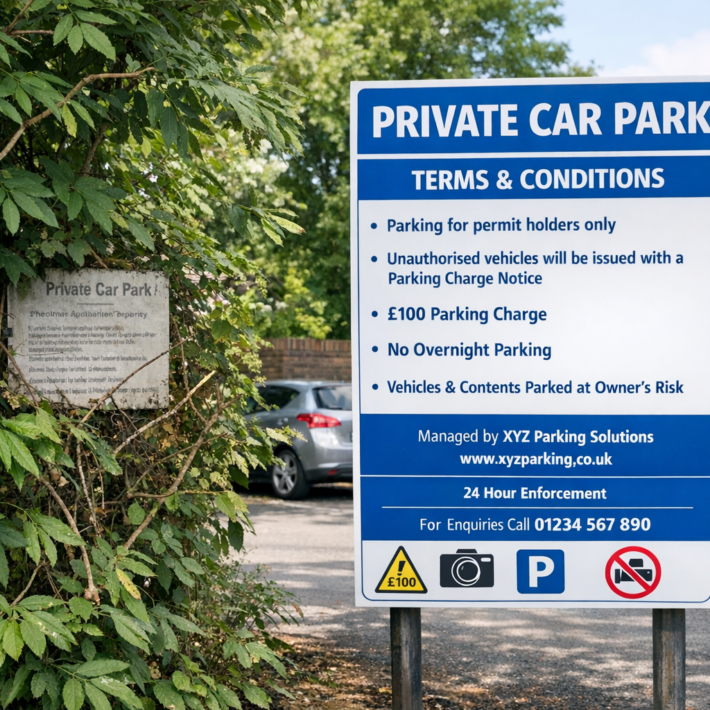 UK car park with inadequate parking sign hidden behind tree branches, barely readable
