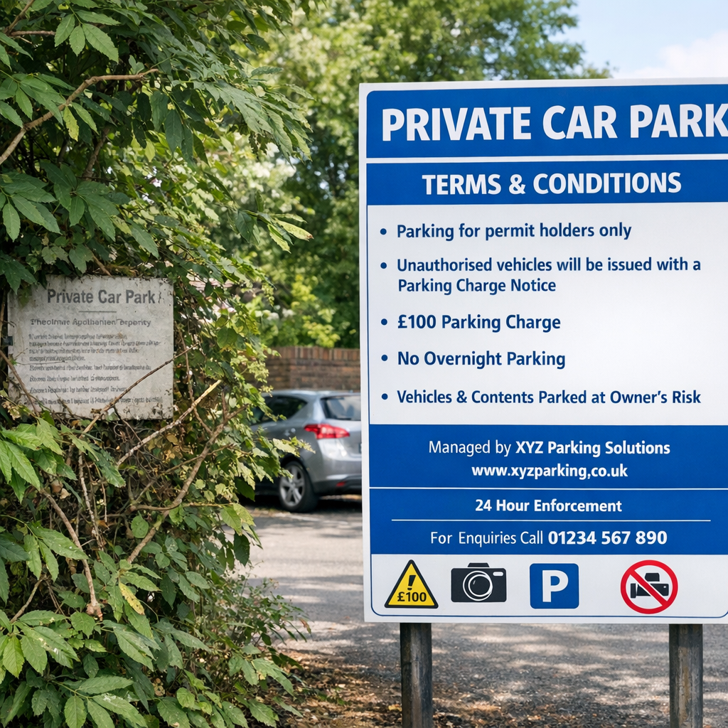 UK car park with inadequate parking sign hidden behind tree branches, barely readable