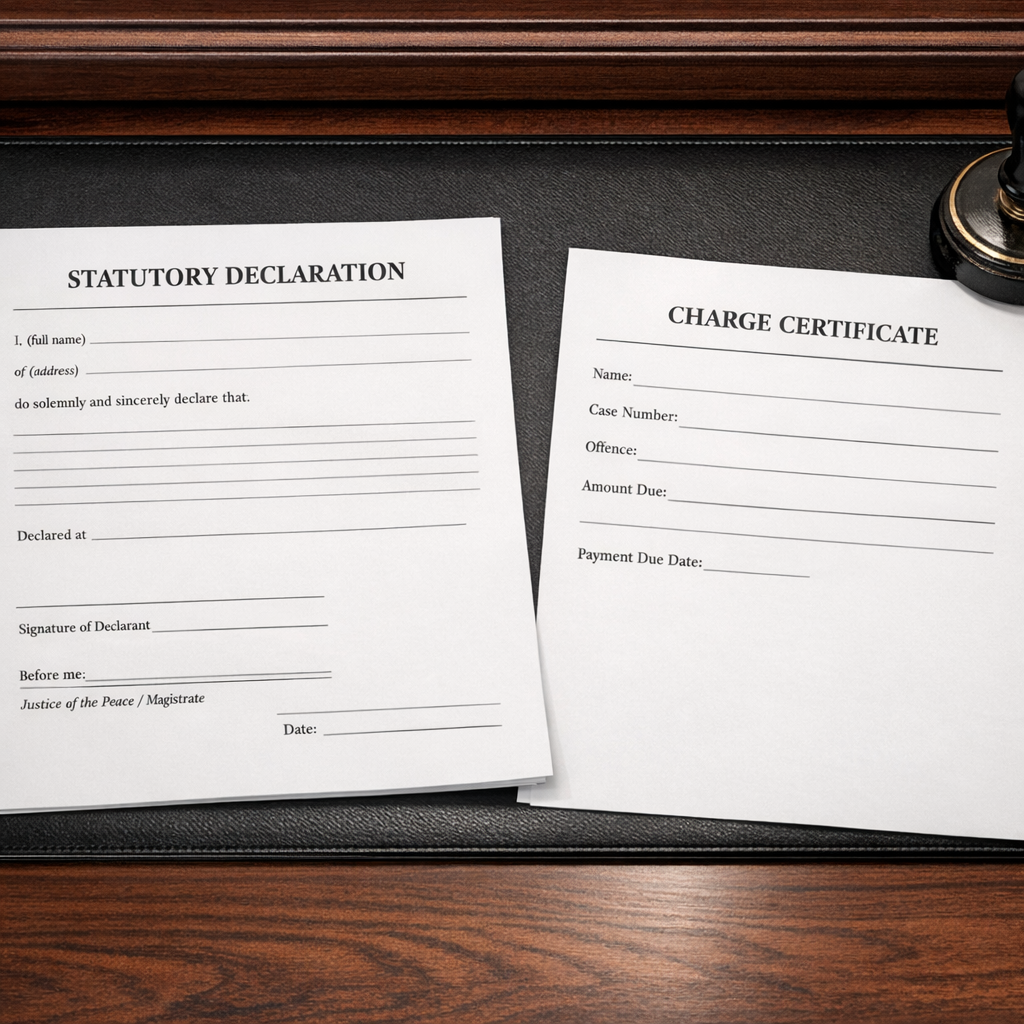 Statutory declaration form and charge certificate on magistrates court desk with court seal