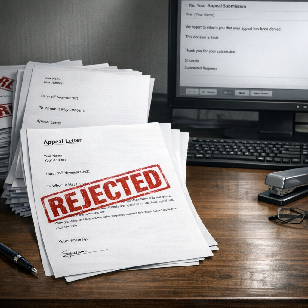 Template appeal letter stamped REJECTED with stack of identical rejected letters and auto-rejection on screen