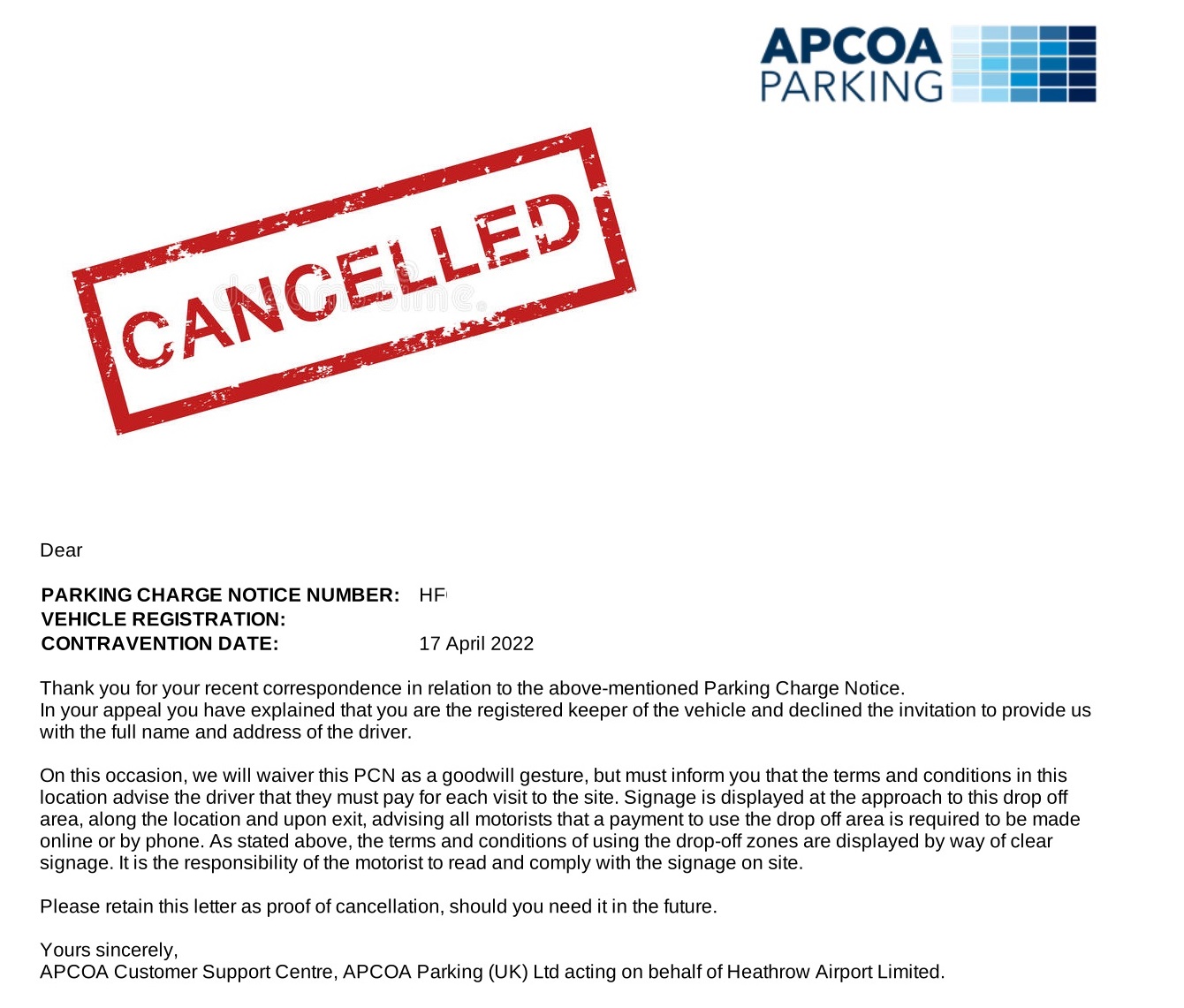 Apcoa Charge Cancelled